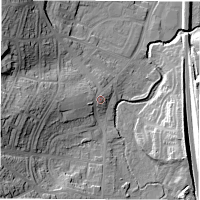 Shaded relief map of the ground around S402EN, computed from Environment Agency LiDAR. The ground here sits at about 81 m above sea level and falls 32 m across the surrounding 800 m. Surface water reaching this point runs off ground lying to the west, 2.3 m higher.