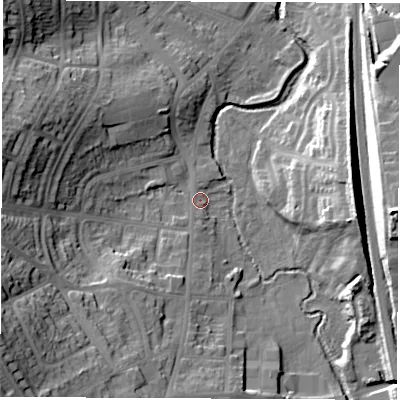 Shaded relief map of the ground around S402EP, computed from Environment Agency LiDAR. The ground here sits at about 77 m above sea level and falls 29 m across the surrounding 800 m. Surface water reaching this point runs off ground lying to the south-west, 25.4 m higher.