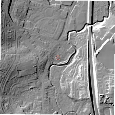 Shaded relief map of the ground around S402EQ, computed from Environment Agency LiDAR. The ground here sits at about 75 m above sea level and falls 28 m across the surrounding 800 m. Surface water reaching this point runs off ground lying to the west-south-west, 3.0 m higher.