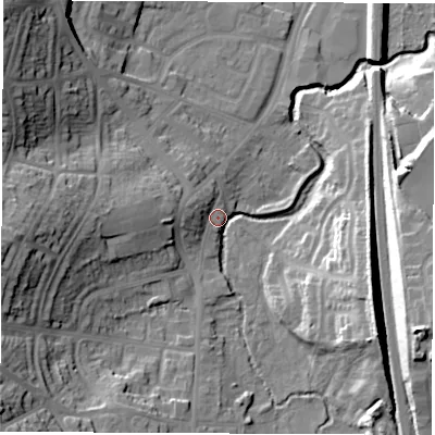 Shaded relief map of the ground around S402EW, computed from Environment Agency LiDAR. The ground here sits at about 78 m above sea level and falls 28 m across the surrounding 800 m. Surface water reaching this point runs off ground lying to the south-west, 24.4 m higher.