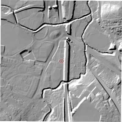 Shaded relief map of the ground around S402EZ, computed from Environment Agency LiDAR. The ground here sits at about 76 m above sea level and falls 28 m across the surrounding 800 m. Surface water reaching this point runs off ground lying to the south-east, 5.0 m higher.