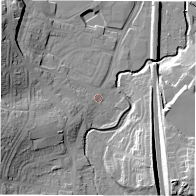 Shaded relief map of the ground around S402FD, computed from Environment Agency LiDAR. The ground here sits at about 76 m above sea level and falls 28 m across the surrounding 800 m. Surface water reaching this point runs off ground lying to the west-south-west, 18.1 m higher.