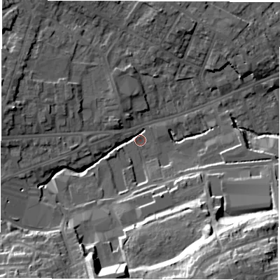 Shaded relief map of the ground around S402FW, computed from Environment Agency LiDAR. The ground here sits at about 86 m above sea level and falls 30 m across the surrounding 800 m. Surface water reaching this point runs off ground lying to the south-south-east, 26.1 m higher.