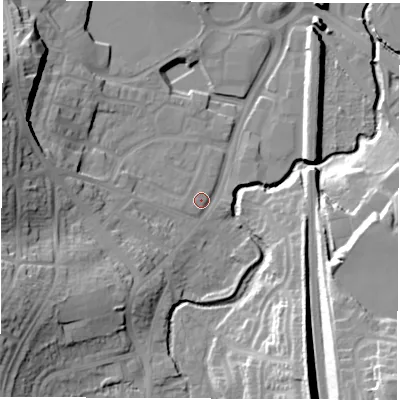 Shaded relief map of the ground around S402GB, computed from Environment Agency LiDAR. The ground here sits at about 77 m above sea level and falls 28 m across the surrounding 800 m. Surface water reaching this point runs off ground lying to the west-south-west, 18.1 m higher.