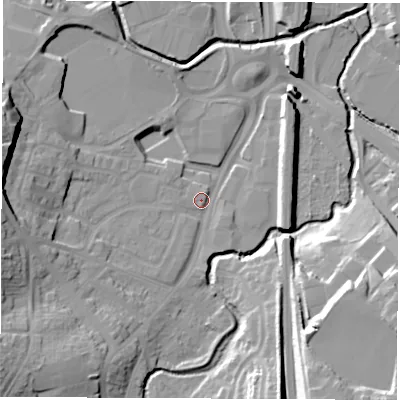 Shaded relief map of the ground around S402GD, computed from Environment Agency LiDAR. The ground here sits at about 76 m above sea level and falls 22 m across the surrounding 800 m. Surface water reaching this point runs off ground lying to the west-south-west, 2.3 m higher.