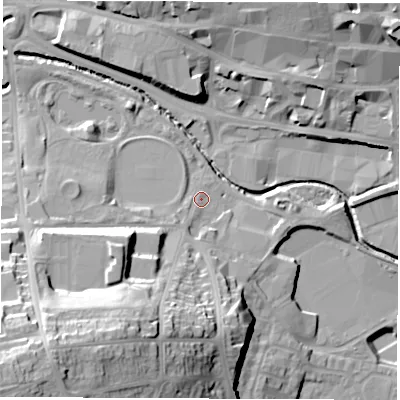 Shaded relief map of the ground around S402JX, computed from Environment Agency LiDAR. The ground here sits at about 81 m above sea level and falls 43 m across the surrounding 800 m. Surface water reaching this point runs off ground lying to the south-south-west, 3.0 m higher.