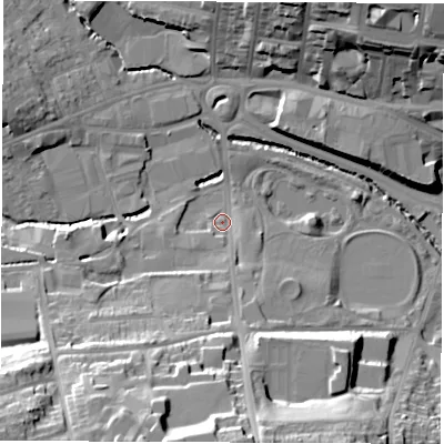 Shaded relief map of the ground around S402NF, computed from Environment Agency LiDAR. The ground here sits at about 83 m above sea level and falls 34 m across the surrounding 800 m. Surface water reaching this point runs off ground lying to the south, 9.6 m higher.