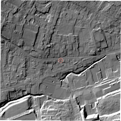 Shaded relief map of the ground around S402QT, computed from Environment Agency LiDAR. The ground here sits at about 91 m above sea level and falls 23 m across the surrounding 800 m. Surface water reaching this point runs off ground lying to the north-west, 7.4 m higher.