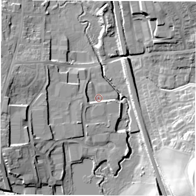 Shaded relief map of the ground around S402TZ, computed from Environment Agency LiDAR. The ground here sits at about 79 m above sea level and falls 33 m across the surrounding 800 m. Surface water reaching this point runs off ground lying to the west-south-west, 4.9 m higher.