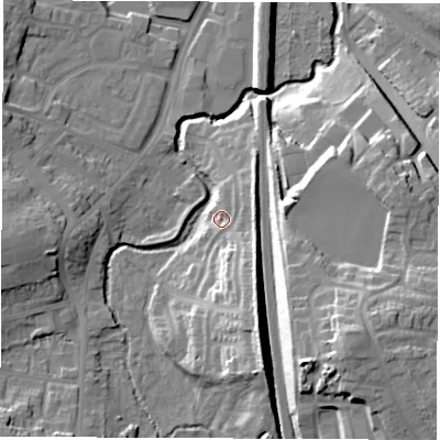 Shaded relief map of the ground around S402UR, computed from Environment Agency LiDAR. The ground here sits at about 79 m above sea level and falls 28 m across the surrounding 800 m. Surface water reaching this point runs off ground lying to the south-south-east, 8.8 m higher.