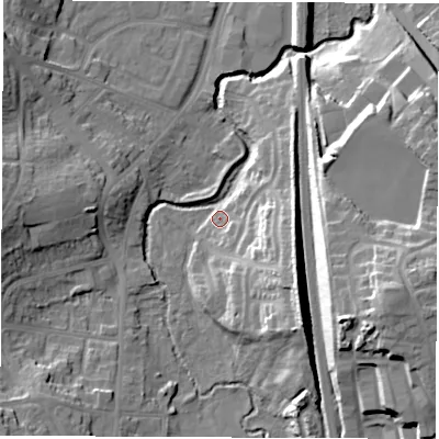 Shaded relief map of the ground around S402UT, computed from Environment Agency LiDAR. The ground here sits at about 76 m above sea level and falls 28 m across the surrounding 800 m. Surface water reaching this point runs off ground lying to the south-east, 17.5 m higher.