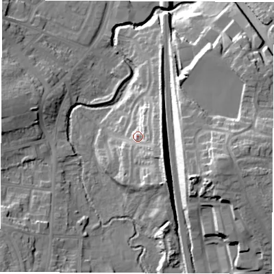 Shaded relief map of the ground around S402UU, computed from Environment Agency LiDAR. The ground here sits at about 84 m above sea level and falls 28 m across the surrounding 800 m. Surface water reaching this point runs off ground lying to the south-east, 10.8 m higher.
