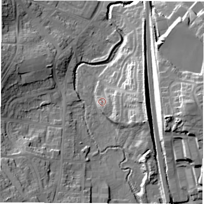 Shaded relief map of the ground around S402UY, computed from Environment Agency LiDAR. The ground here sits at about 78 m above sea level and falls 28 m across the surrounding 800 m. Surface water reaching this point runs off ground lying to the east-south-east, 2.7 m higher.