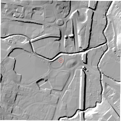 Shaded relief map of the ground around S402WG, computed from Environment Agency LiDAR. The ground here sits at about 76 m above sea level and falls 19 m across the surrounding 800 m. Surface water reaching this point runs off ground lying to the west-north-west, 1.9 m higher.