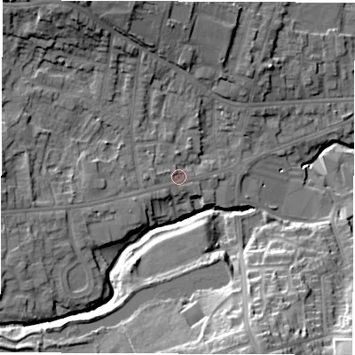 Shaded relief map of the ground around S403AD, computed from Environment Agency LiDAR. The ground here sits at about 94 m above sea level and falls 25 m across the surrounding 800 m. Surface water reaching this point runs off ground lying to the west-south-west, 3.3 m higher.
