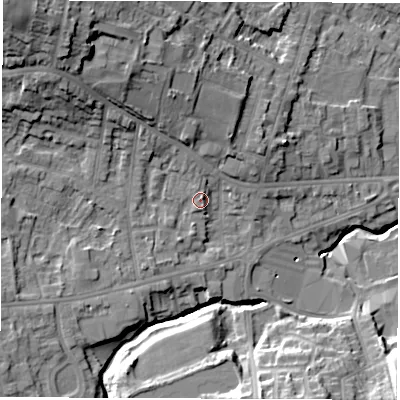 Shaded relief map of the ground around S403AE, computed from Environment Agency LiDAR. The ground here sits at about 95 m above sea level and falls 29 m across the surrounding 800 m. Surface water reaching this point runs off ground lying to the north-north-west, 1.4 m higher.