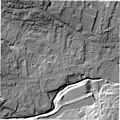 Shaded relief map of the ground around S403AF, computed from Environment Agency LiDAR. The ground here sits at about 95 m above sea level and falls 23 m across the surrounding 800 m. Surface water reaching this point runs off ground lying to the north-west, 15.2 m higher.