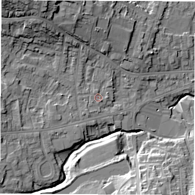 Shaded relief map of the ground around S403AG, computed from Environment Agency LiDAR. The ground here sits at about 94 m above sea level and falls 25 m across the surrounding 800 m. Surface water reaching this point runs off ground lying to the south-east, 1.5 m higher.