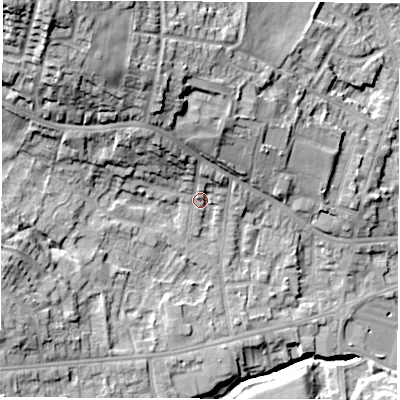 Shaded relief map of the ground around S403AH, computed from Environment Agency LiDAR. The ground here sits at about 97 m above sea level and falls 33 m across the surrounding 800 m. Surface water reaching this point runs off ground lying to the north-north-west, 11.0 m higher.