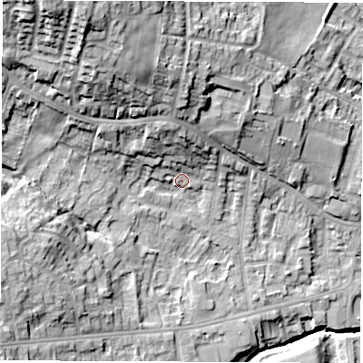 Shaded relief map of the ground around S403AJ, computed from Environment Agency LiDAR. The ground here sits at about 97 m above sea level and falls 33 m across the surrounding 800 m. Surface water reaching this point runs off ground lying to the north-west, 25.2 m higher.