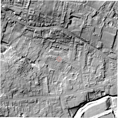 Shaded relief map of the ground around S403AL, computed from Environment Agency LiDAR. The ground here sits at about 96 m above sea level and falls 28 m across the surrounding 800 m. Surface water reaching this point runs off ground lying to the west-north-west, 1.7 m higher.