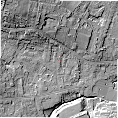 Shaded relief map of the ground around S403AQ, computed from Environment Agency LiDAR. The ground here sits at about 95 m above sea level and falls 31 m across the surrounding 800 m. Surface water reaching this point runs off ground lying to the north, 3.0 m higher.