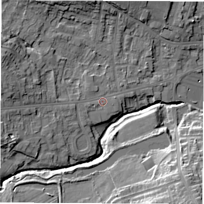 Shaded relief map of the ground around S403BD, computed from Environment Agency LiDAR. The ground here sits at about 96 m above sea level and falls 26 m across the surrounding 800 m. Surface water reaching this point runs off ground lying to the west-south-west, 1.2 m higher.