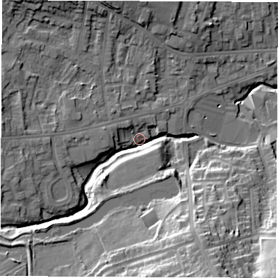 Shaded relief map of the ground around S403BG, computed from Environment Agency LiDAR. The ground here sits at about 92 m above sea level and falls 29 m across the surrounding 800 m. Surface water reaching this point runs off ground lying to the south-south-east, 26.3 m higher.
