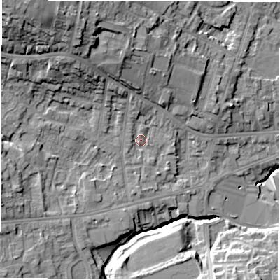 Shaded relief map of the ground around S403BL, computed from Environment Agency LiDAR. The ground here sits at about 95 m above sea level and falls 28 m across the surrounding 800 m. Surface water reaching this point runs off ground lying to the north, 3.4 m higher.