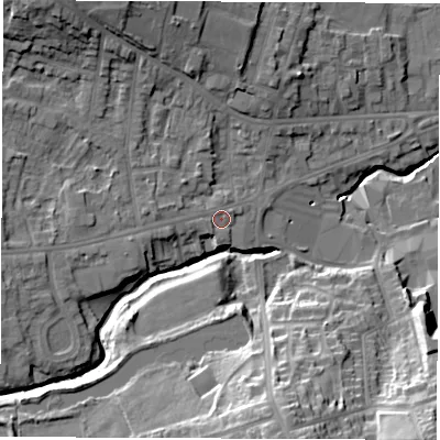 Shaded relief map of the ground around S403BQ, computed from Environment Agency LiDAR. The ground here sits at about 93 m above sea level and falls 27 m across the surrounding 800 m. Surface water reaching this point runs off ground lying to the west, 1.5 m higher.