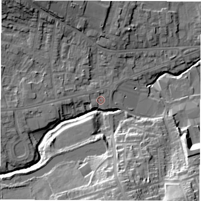 Shaded relief map of the ground around S403DL, computed from Environment Agency LiDAR. The ground here sits at about 93 m above sea level and falls 27 m across the surrounding 800 m. Surface water reaching this point runs off ground lying to the west, 1.6 m higher.