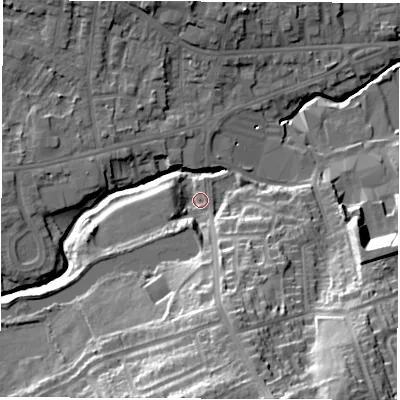 Shaded relief map of the ground around S403DN, computed from Environment Agency LiDAR. The ground here sits at about 92 m above sea level and falls 33 m across the surrounding 800 m. Surface water reaching this point runs off ground lying to the south, 17.9 m higher.