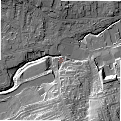Shaded relief map of the ground around S403DP, computed from Environment Agency LiDAR. The ground here sits at about 91 m above sea level and falls 32 m across the surrounding 800 m. Surface water reaching this point runs off ground lying to the south, 26.7 m higher.