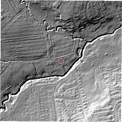 Shaded relief map of the ground around S403LH, computed from Environment Agency LiDAR. The ground here sits at about 107 m above sea level and falls 32 m across the surrounding 800 m. Surface water reaching this point runs off ground lying to the west, 2.5 m higher.