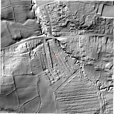Shaded relief map of the ground around S403PG, computed from Environment Agency LiDAR. The ground here sits at about 114 m above sea level and falls 29 m across the surrounding 800 m. Surface water reaching this point runs off ground lying to the west-south-west, 21.3 m higher.