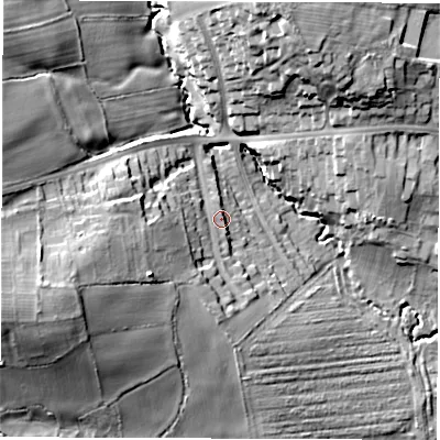 Shaded relief map of the ground around S403PJ, computed from Environment Agency LiDAR. The ground here sits at about 117 m above sea level and falls 30 m across the surrounding 800 m. Surface water reaching this point runs off ground lying to the west-south-west, 18.6 m higher.