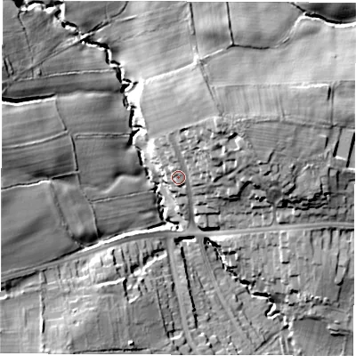 Shaded relief map of the ground around S403PQ, computed from Environment Agency LiDAR. The ground here sits at about 121 m above sea level and falls 27 m across the surrounding 800 m. Surface water reaching this point runs off ground lying to the north-east, 10.7 m higher.