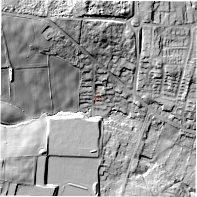 Shaded relief map of the ground around S403QG, computed from Environment Agency LiDAR. The ground here sits at about 108 m above sea level and falls 41 m across the surrounding 800 m. Surface water reaching this point runs off ground lying to the north, 11.7 m higher.
