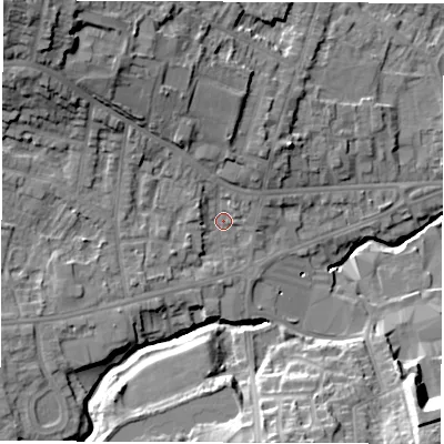 Shaded relief map of the ground around S403QY, computed from Environment Agency LiDAR. The ground here sits at about 93 m above sea level and falls 27 m across the surrounding 800 m. Surface water reaching this point runs off ground lying to the north-west, 7.3 m higher.