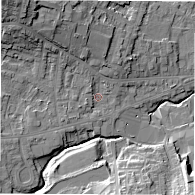 Shaded relief map of the ground around S403QZ, computed from Environment Agency LiDAR. The ground here sits at about 93 m above sea level and falls 27 m across the surrounding 800 m. Surface water reaching this point runs off ground lying to the north-west, 4.7 m higher.