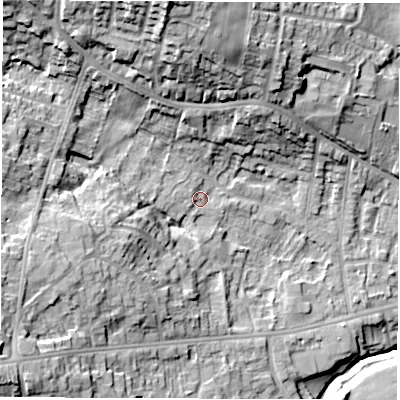 Shaded relief map of the ground around S403SH, computed from Environment Agency LiDAR. The ground here sits at about 97 m above sea level and falls 29 m across the surrounding 800 m. Surface water reaching this point runs off ground lying to the west, 2.2 m higher.