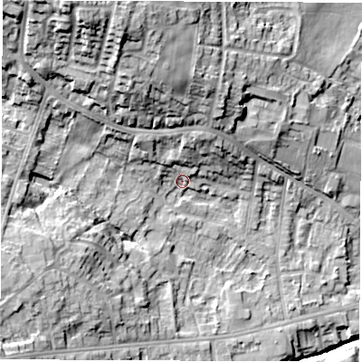 Shaded relief map of the ground around S403SJ, computed from Environment Agency LiDAR. The ground here sits at about 98 m above sea level and falls 33 m across the surrounding 800 m. Surface water reaching this point runs off ground lying to the north-north-west, 25.7 m higher.