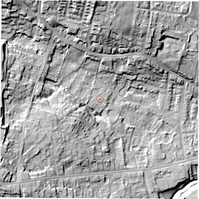 Shaded relief map of the ground around S403SN, computed from Environment Agency LiDAR. The ground here sits at about 98 m above sea level and falls 29 m across the surrounding 800 m. Surface water reaching this point runs off ground lying to the west-south-west, 0.9 m higher.