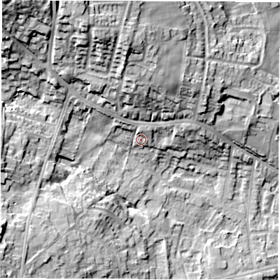 Shaded relief map of the ground around S403SU, computed from Environment Agency LiDAR. The ground here sits at about 102 m above sea level and falls 32 m across the surrounding 800 m. Surface water reaching this point runs off ground lying to the north, 16.1 m higher.