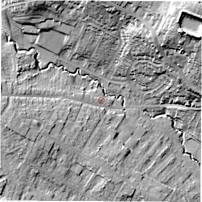 Shaded relief map of the ground around S404AH, computed from Environment Agency LiDAR. The ground here sits at about 89 m above sea level and falls 39 m across the surrounding 800 m. Surface water reaching this point runs off ground lying to the west-south-west, 7.8 m higher.