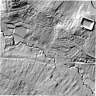 Shaded relief map of the ground around S404AX, computed from Environment Agency LiDAR. The ground here sits at about 88 m above sea level and falls 40 m across the surrounding 800 m. Surface water reaching this point runs off ground lying to the north-east, 30.9 m higher.