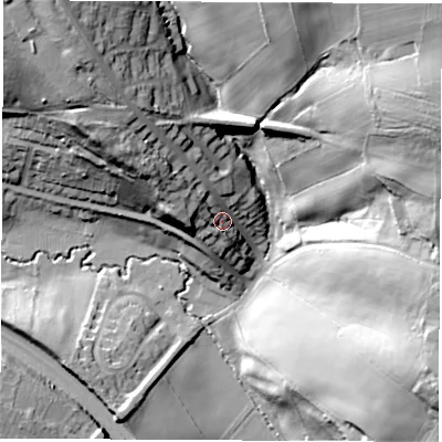 Shaded relief map of the ground around S410DB, computed from Environment Agency LiDAR. The ground here sits at about 94 m above sea level and falls 54 m across the surrounding 800 m. Surface water reaching this point runs off ground lying to the north-west, 21.2 m higher.