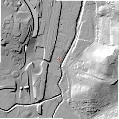 Shaded relief map of the ground around S410DS, computed from Environment Agency LiDAR. The ground here sits at about 74 m above sea level and falls 43 m across the surrounding 800 m. Surface water reaching this point runs off ground lying to the north, 2.5 m higher.