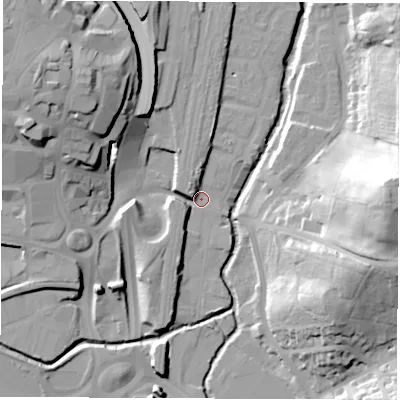 Shaded relief map of the ground around S410DT, computed from Environment Agency LiDAR. The ground here sits at about 74 m above sea level and falls 43 m across the surrounding 800 m. Surface water reaching this point runs off ground lying to the north-west, 25.9 m higher.