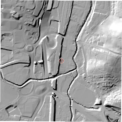 Shaded relief map of the ground around S410DU, computed from Environment Agency LiDAR. The ground here sits at about 75 m above sea level and falls 39 m across the surrounding 800 m. Surface water reaching this point runs off ground lying to the south-south-west, 5.6 m higher.